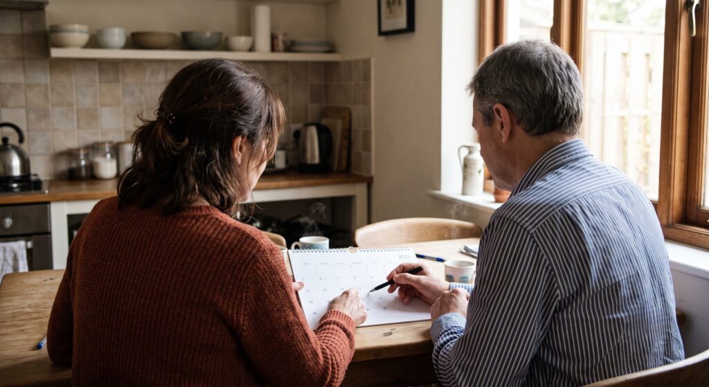 Co-parents reviewing a shared custody calendar to avoid common 50/50 custody mistakes