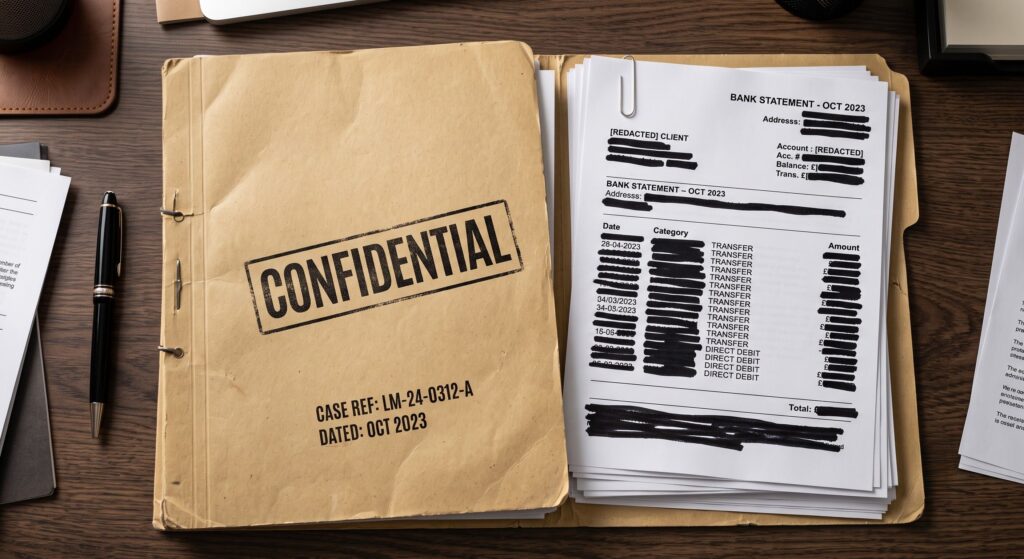 stack of financial documents and bank statements with sensitive information heavily redacted, placed inside a manila folder marked 'Confidential', representing protected disclosures in a family court case.