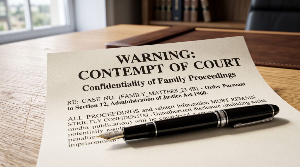 A close-up macro shot of a formal court notice highlighting the severe penalties for contempt of court if family privacy laws are breached, resting on a solicitor's desk.