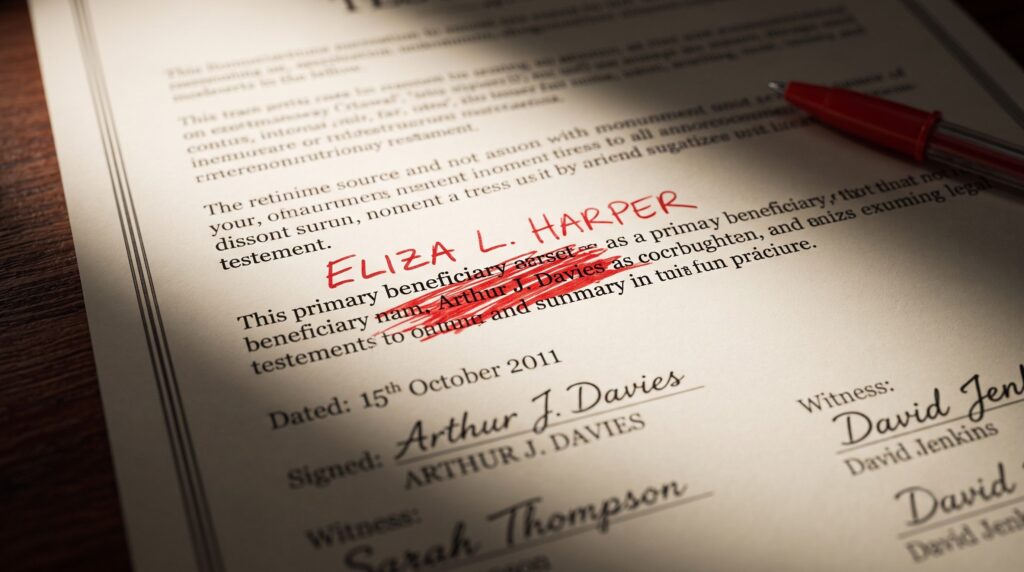 A close-up of a Last Will and Testament with a name scribbled out in red ink, illustrating the incorrect and invalid way to change a legal will.