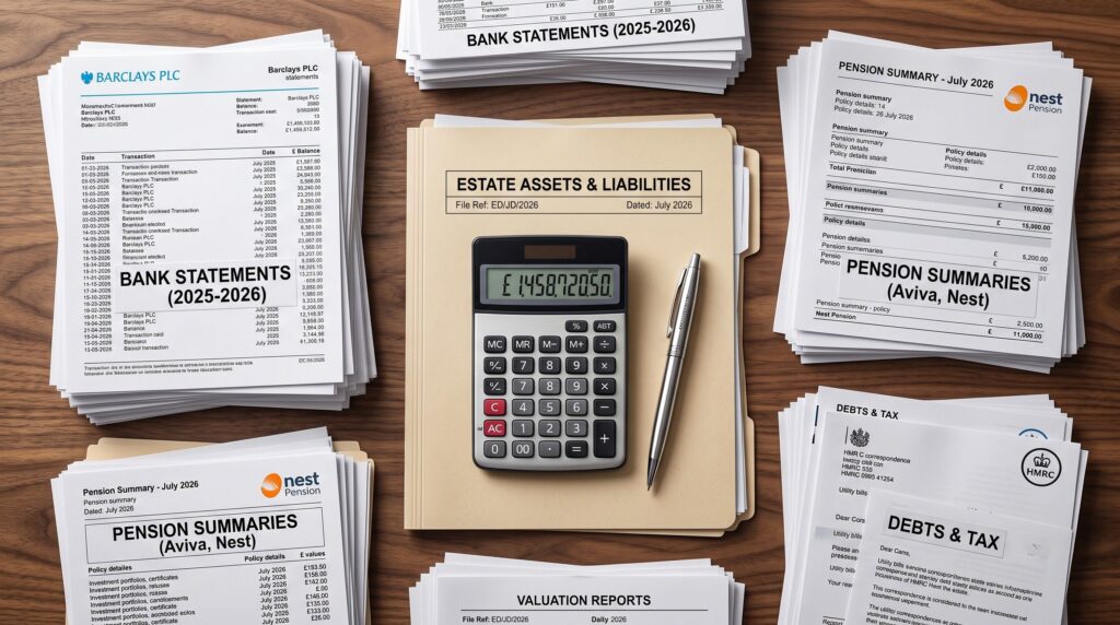 A close-up shot of an executor sorting through bank statements, pension documents, and a calculator on a desk to calculate estate value.
