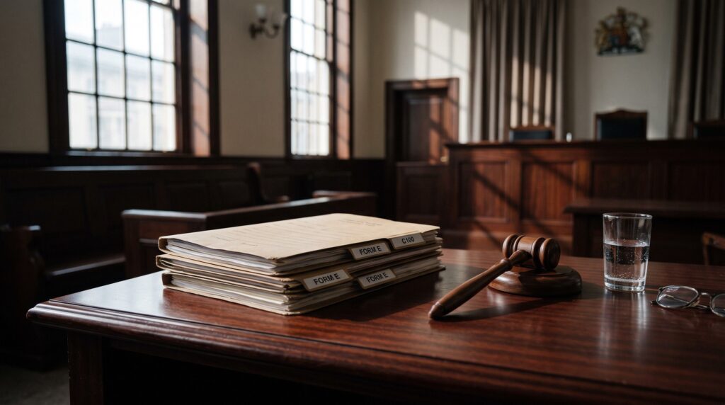 A heavy courtroom desk with neatly stacked legal case folders and a glass of water, representing the serious environment of a first family court hearing.