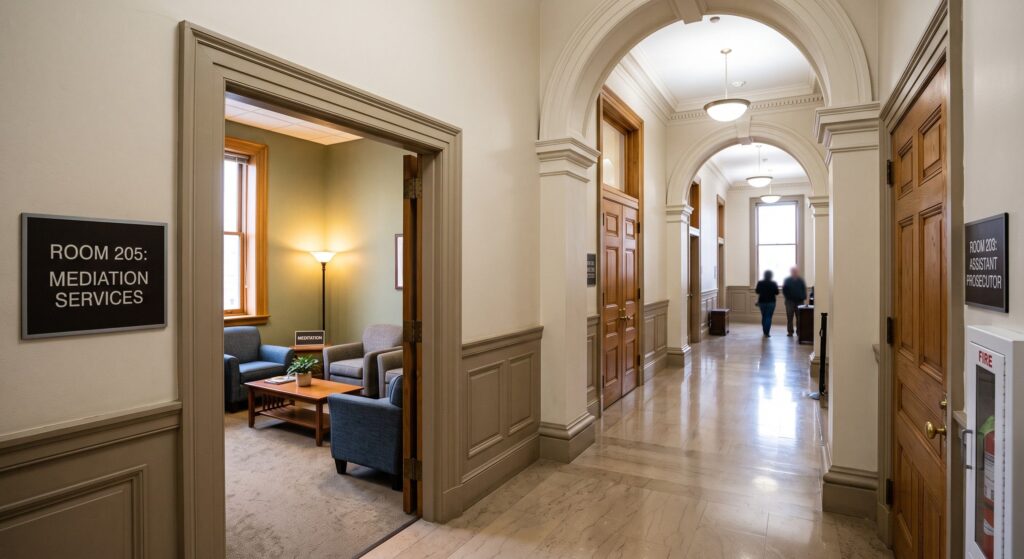 Hallway leading from a courthouse into a family mediation room