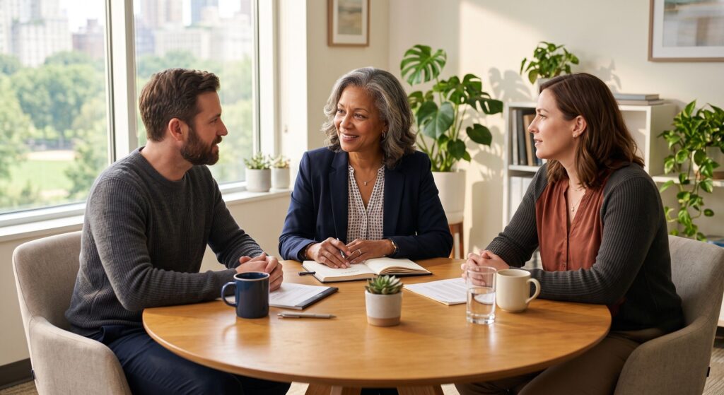 A neutral mediator helping a couple resolve their conflict peacefully during a family mediation session instead of going to court.