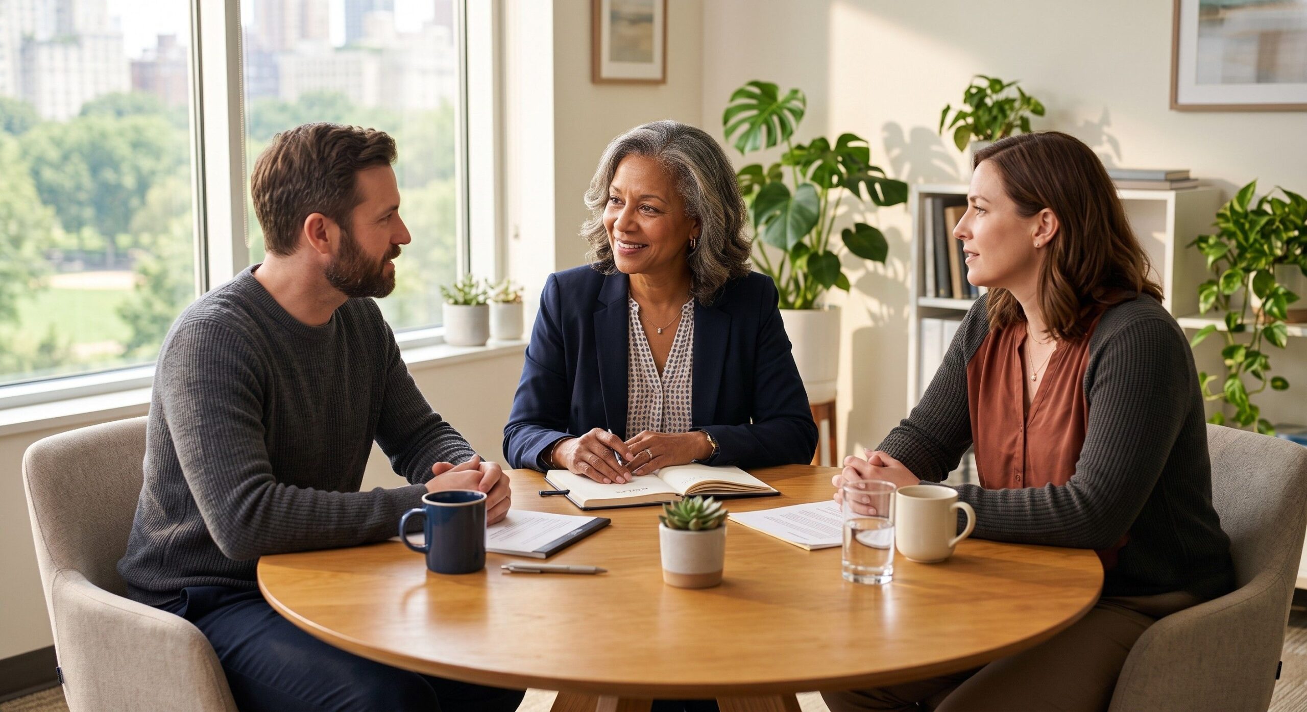 A neutral mediator helping a couple resolve their conflict peacefully during a family mediation session instead of going to court.