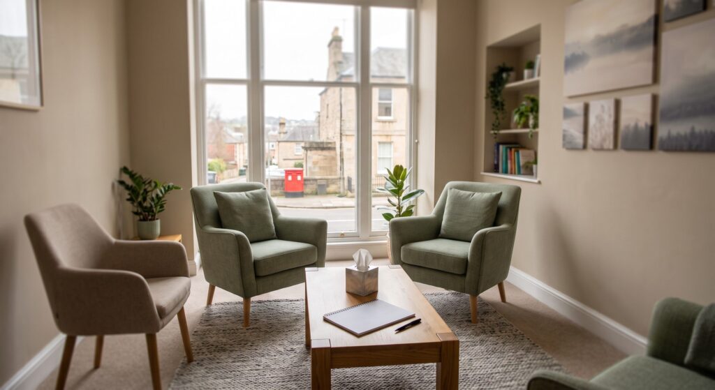 Family mediation room in the UK set up for a joint mediation session between separating parents