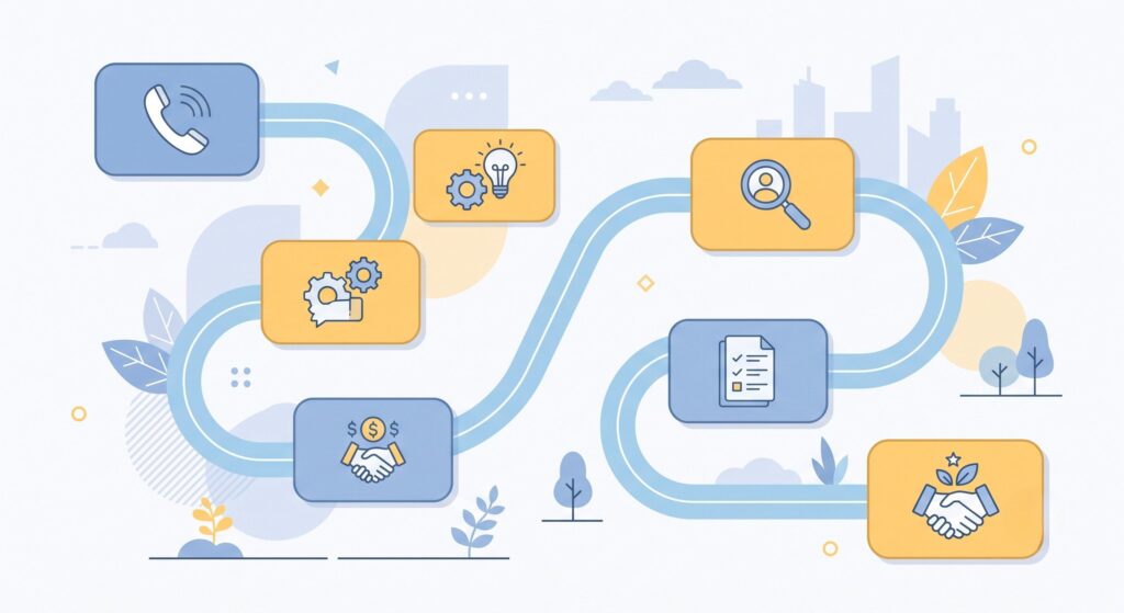 A visual roadmap showing the step-by-step process of family mediation from intake call to final agreement.