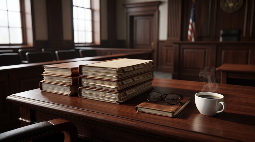 A neat stack of legal case files and financial disclosure forms on a desk, ready for a First Hearing Dispute Resolution Appointment in a UK family court.