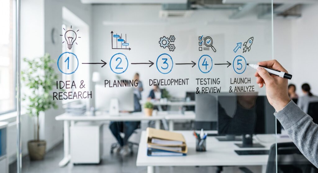 Five-step timeline showing the stages of the mediation process