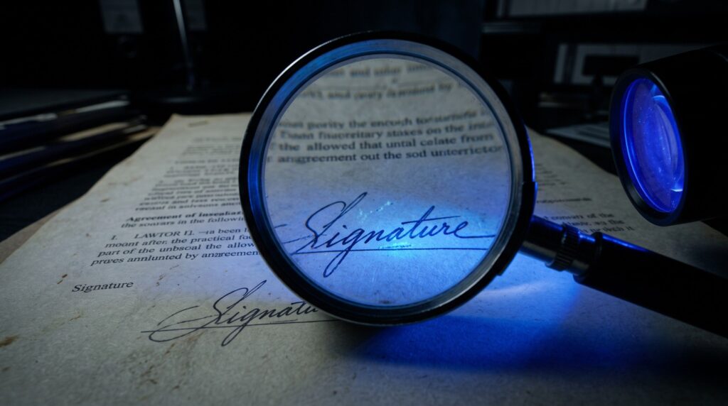 A forensic examination of a signature on a Will document using a magnifying loupe and a UV light, symbolizing the investigation of forgery and altered legal documents.