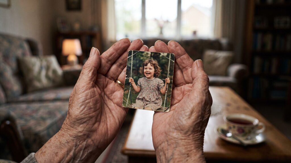 A close-up of an elderly person's weathered hands gently holding a small printed photograph of a young child, representing the emotional toll of being denied access after a family split.