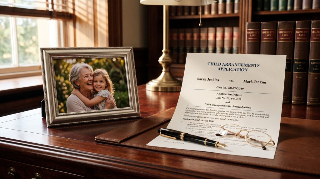 A silver-framed photograph of a grandparent and grandchild resting on a wooden desk next to a legal Child Arrangements Application form and a fountain pen, symbolizing the legal journey to see grandchildren.