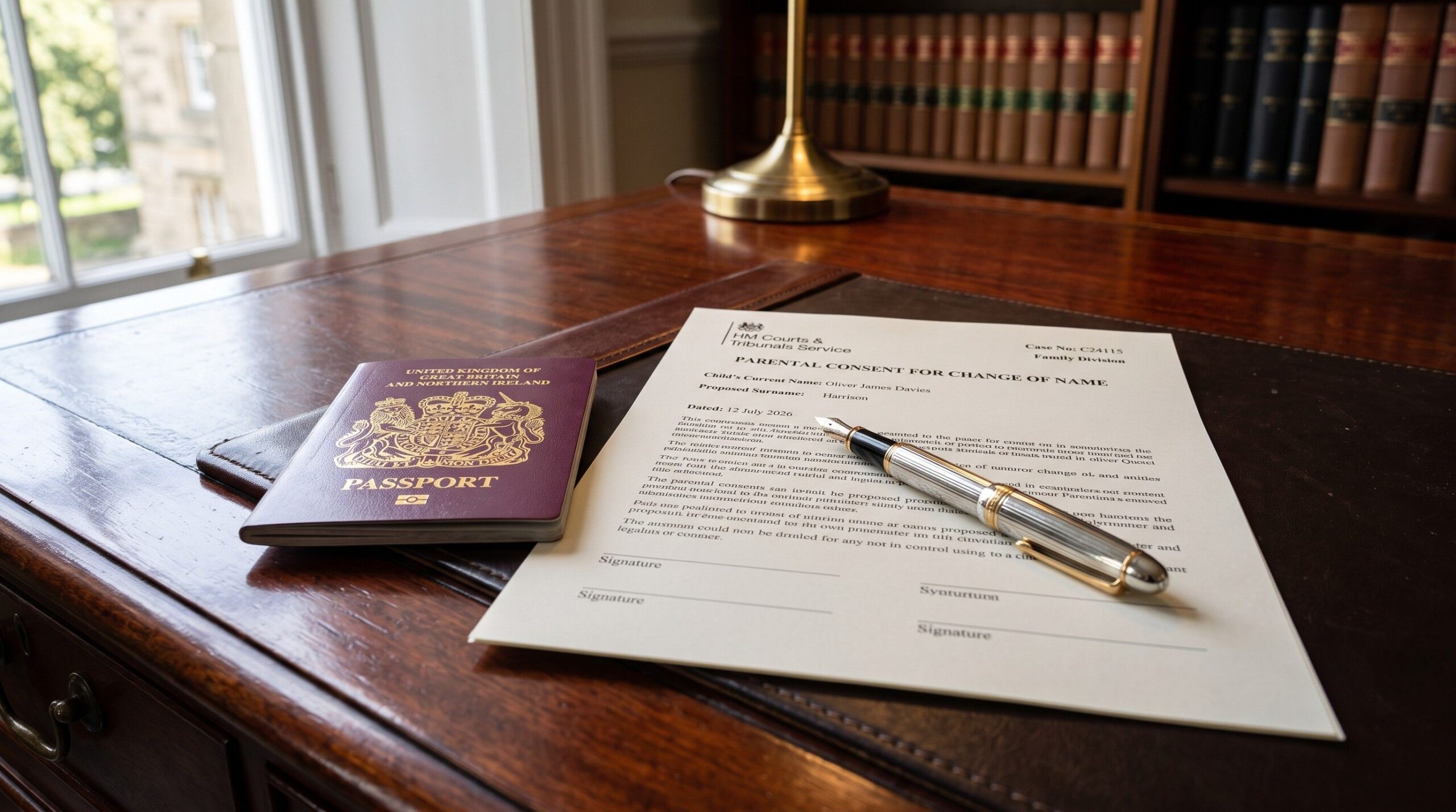 A UK passport resting on a wooden desk next to a formal legal consent letter and a fountain pen, representing the strict rules around Parental Responsibility and child name changes.