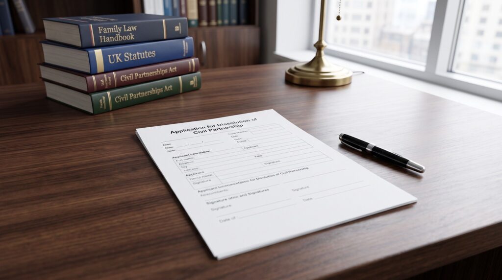 A pristine legal document titled "Application for Dissolution of Civil Partnership" resting on a dark walnut desk next to a modern fountain pen, representing the legal process of ending a civil partnership in the UK.