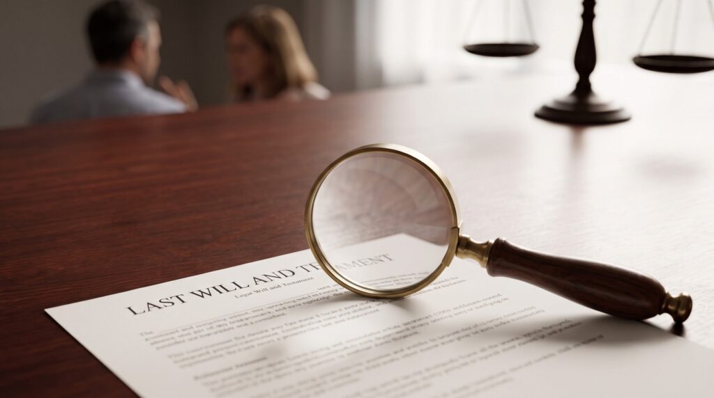A magnifying glass hovering over a legal Will document, highlighting specific legal clauses, representing the search for genuine legal grounds to challenge a will rather than emotional disputes.
