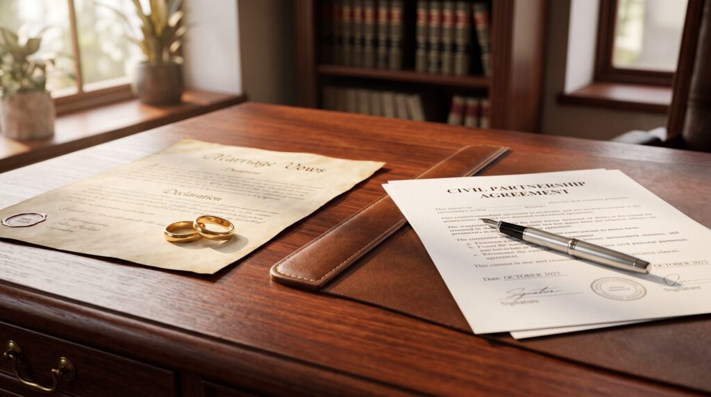 A wooden desk featuring a traditional pair of wedding rings next to a sleek, modern fountain pen and a legal document, symbolizing the choice between a conventional marriage and a modern civil partnership in the UK.