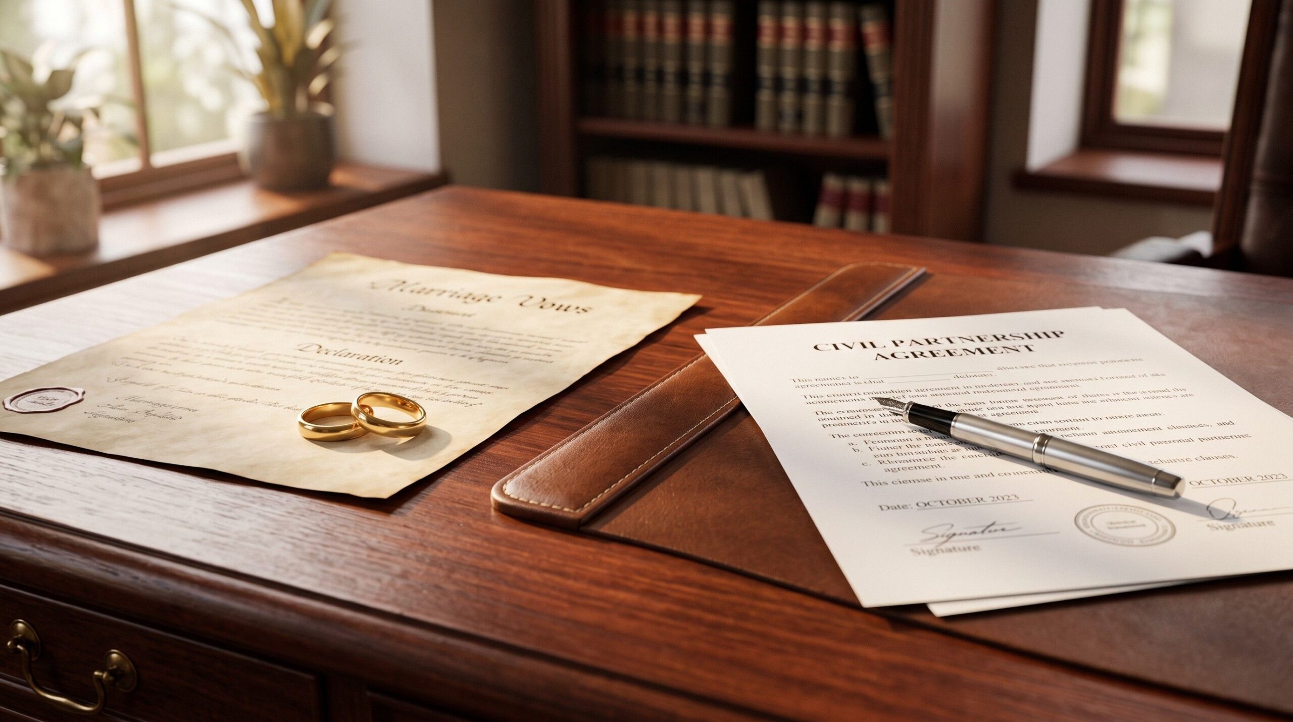 A wooden desk featuring a traditional pair of wedding rings next to a sleek, modern fountain pen and a legal document, symbolizing the choice between a conventional marriage and a modern civil partnership in the UK.