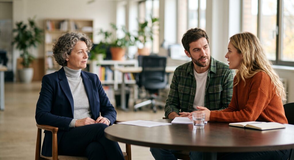 A UK family mediator facilitating a difficult conversation between two separating parents