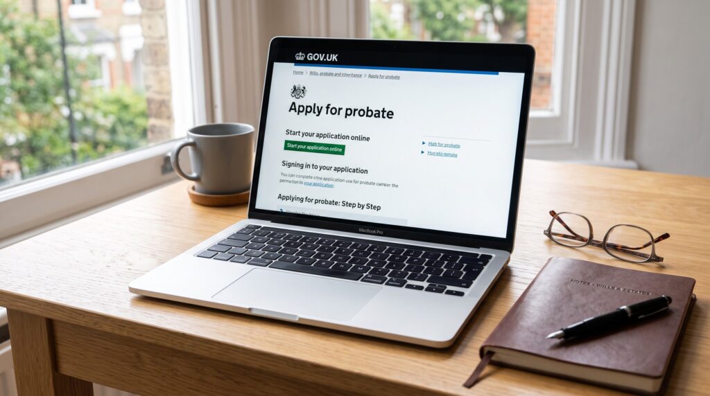 A modern laptop screen displaying the official UK government digital portal for a probate application, with an executor's notebook and reading glasses nearby.