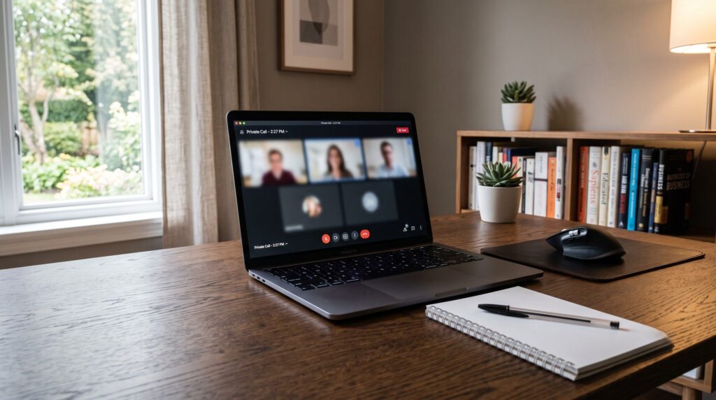 A modern laptop set up on a desk in a private room for an online virtual mediation session, with a notepad and pen placed nearby for taking notes.