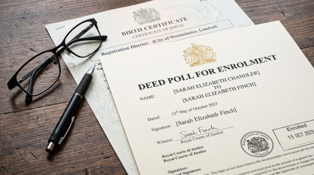 A close-up macro shot of a child's birth certificate partially covered by an Enrolled Deed Poll document, highlighting the legal layers involved in changing a child's identity.