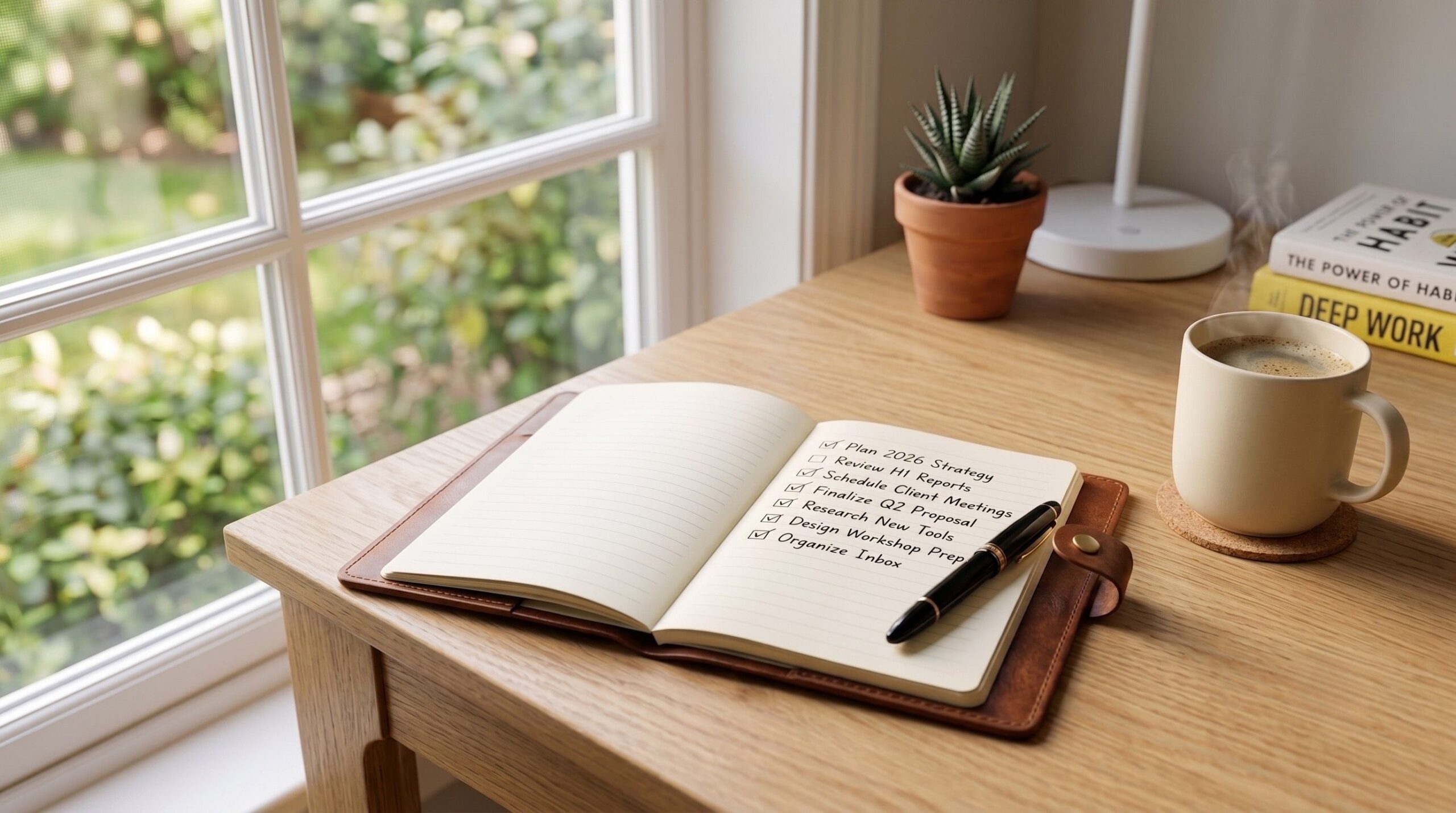 A neatly organized home workspace with an open notebook showing a handwritten checklist, a pen, and a warm cup of coffee, representing calm preparation for a mediation session.