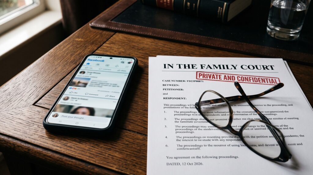 A blurred smartphone displaying a social media interface lying next to a formal legal document stamped with "PRIVATE AND CONFIDENTIAL" in red ink, symbolizing the strict legal boundaries of sharing family court details online.