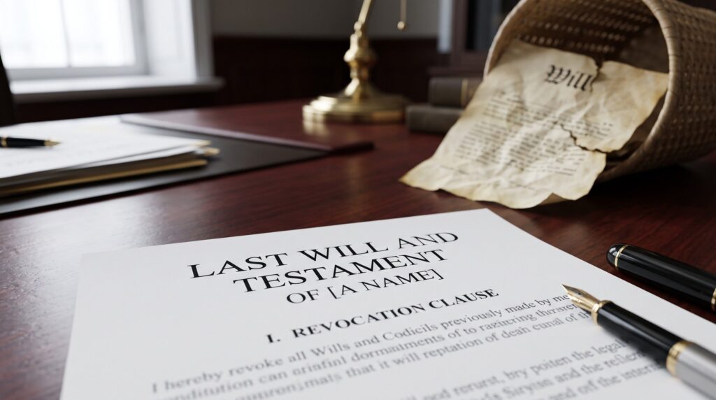 A new, pristine Will sitting on a desk alongside a torn and crumpled older version of a Will, representing the revocation and cancellation of previous testaments.
