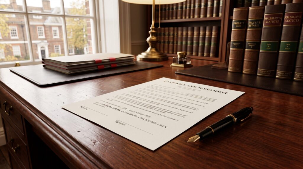 A professional photograph of a dark mahogany desk with a legal document titled "Last Will and Testament", focusing on the section appointing an executor, alongside a premium fountain pen.