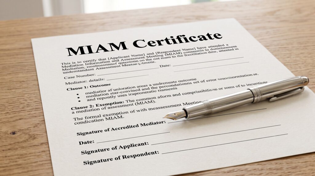 A close-up macro shot of a signed MIAM Certificate document resting on a desk, which is legally required before filing a court application in the UK.