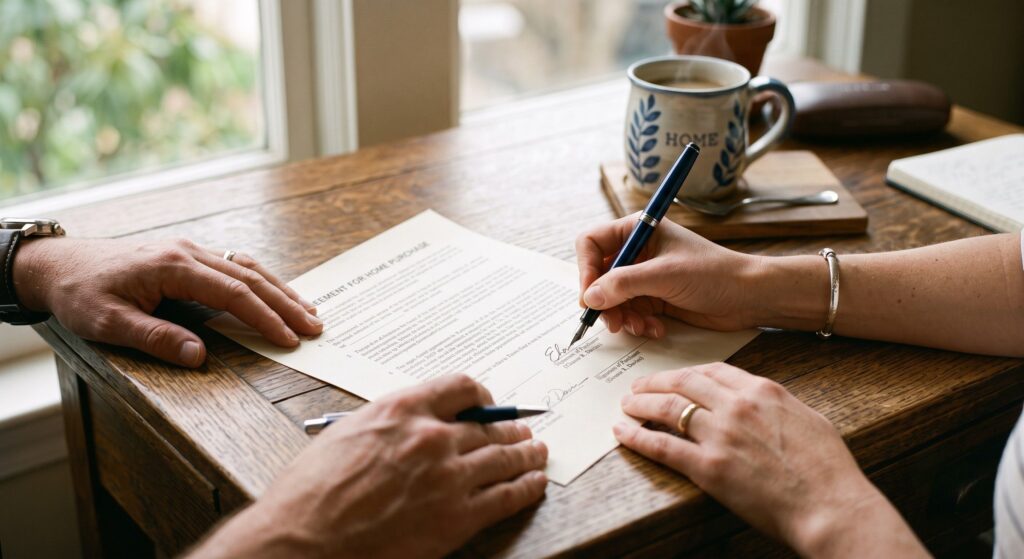 Hands signing a family mediation agreement that will later become a legally binding consent order