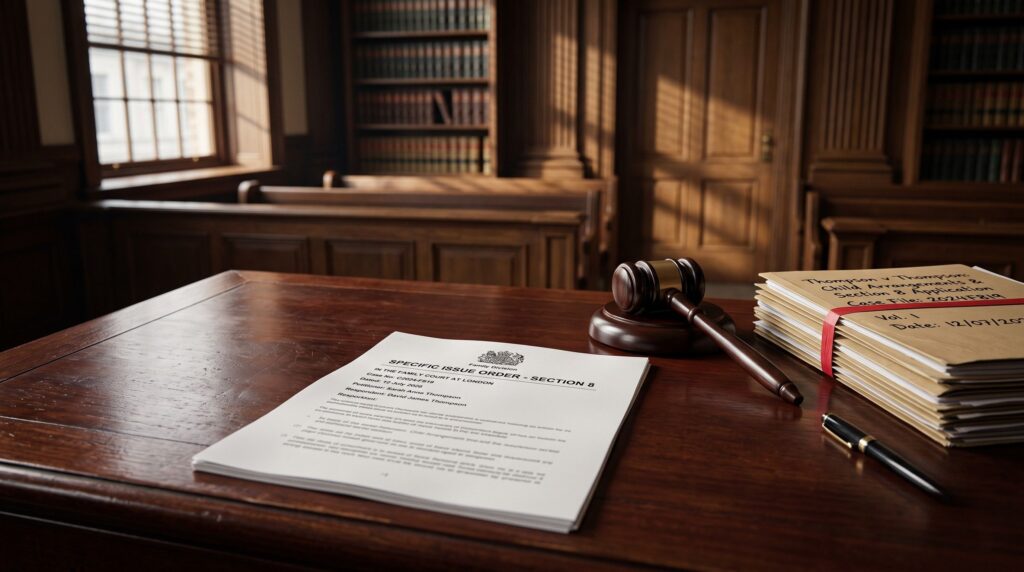A heavy mahogany desk showing a Family Court application for a Specific Issue Order, used when parents cannot agree on a child's name change, with a wooden gavel resting nearby.