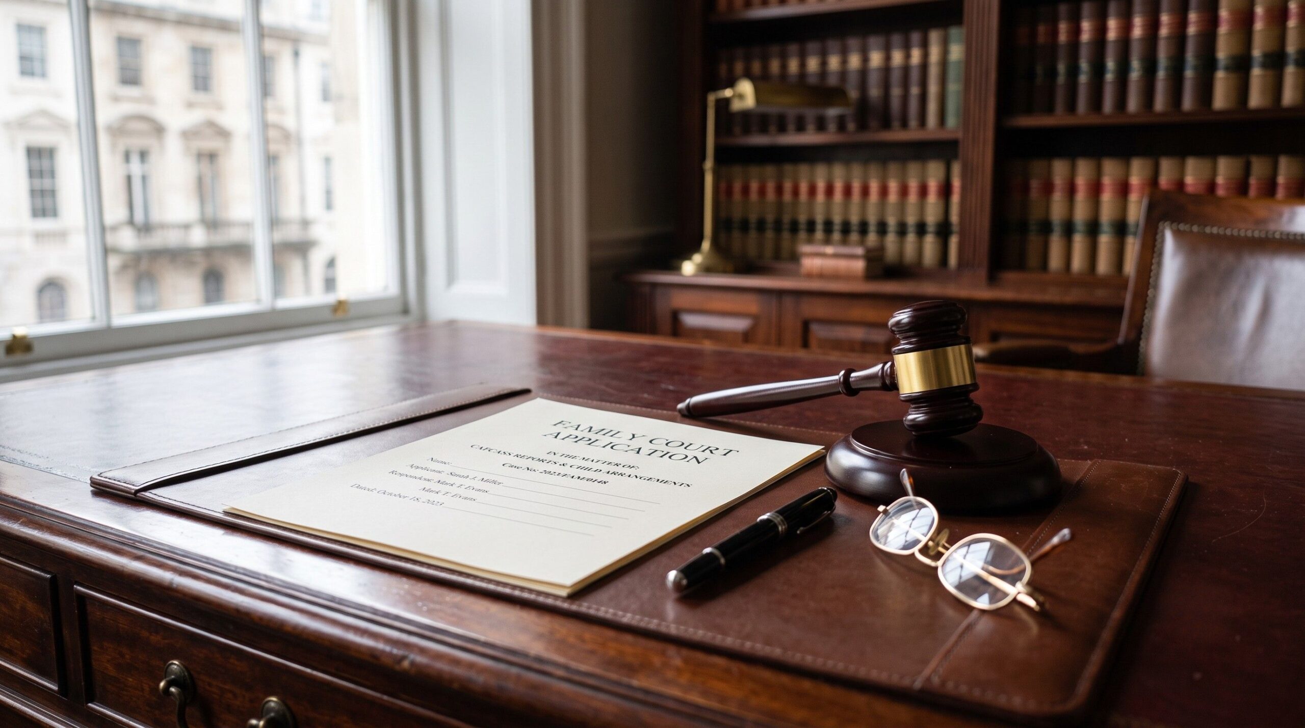 A wooden judge's gavel resting next to a family court application document on a dark mahogany desk, symbolizing the legal escalation when family mediation is unsuccessful.