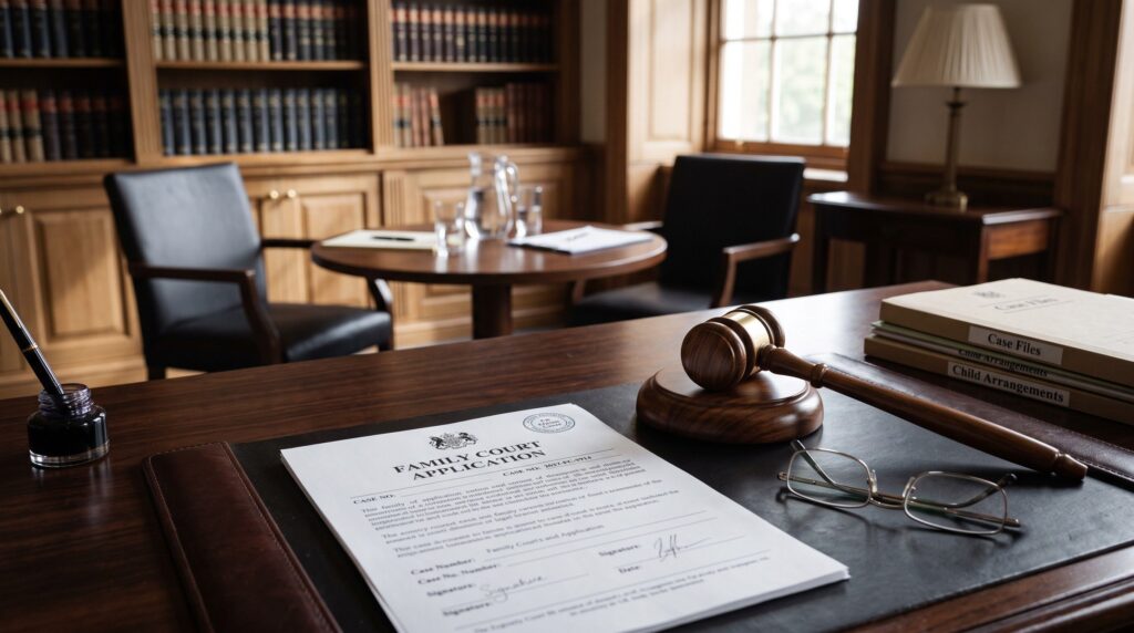 A legal desk setting featuring a Family Court Application form, a fountain pen, and a wooden judge's gavel, symbolizing the formal legal steps taken when family mediation is unsuccessful.