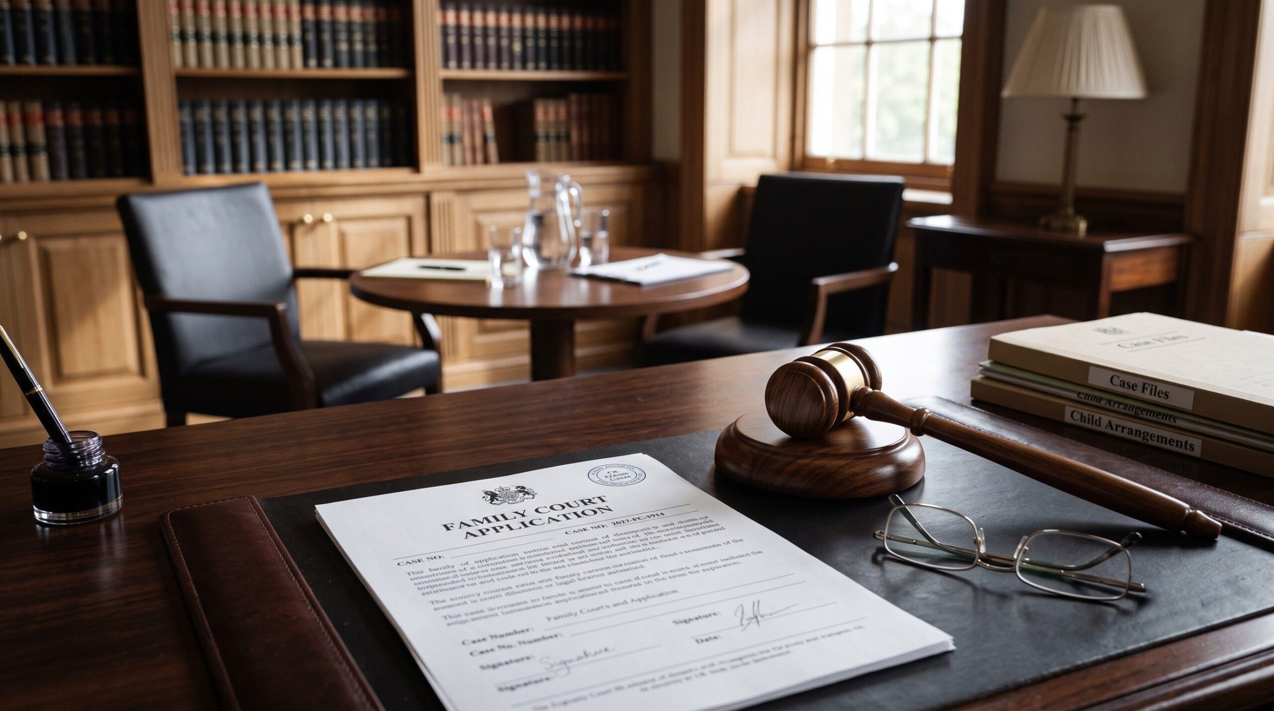 A legal desk setting featuring a Family Court Application form, a fountain pen, and a wooden judge's gavel, symbolizing the formal legal steps taken when family mediation is unsuccessful.