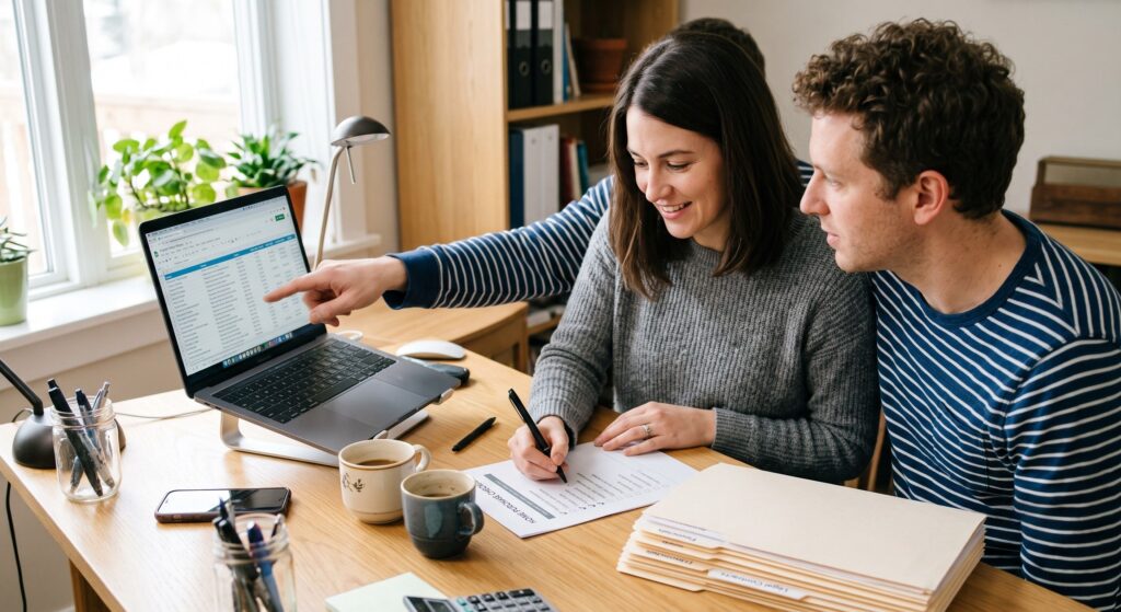 couple preparing a cohabitation agreement in the UK with paperwork and laptop