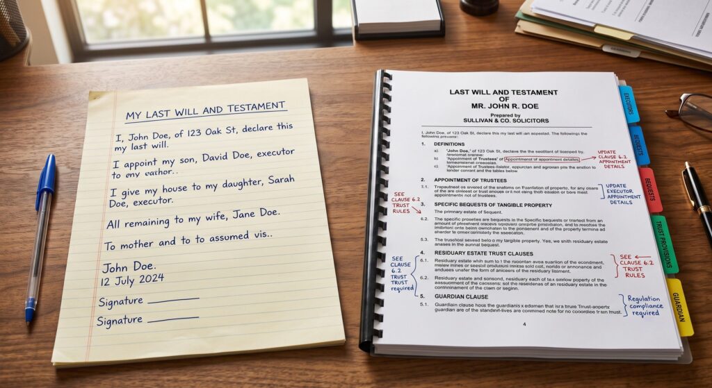 Comparing a simple DIY will with a more complex solicitor-drafted will in the UK