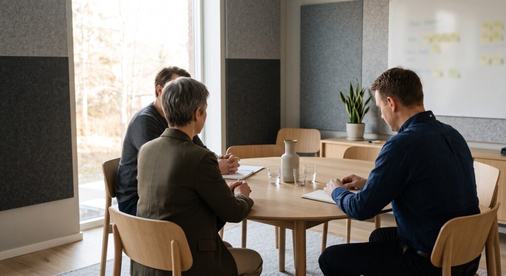 Two parents sitting across a table from a mediator during a family mediation session