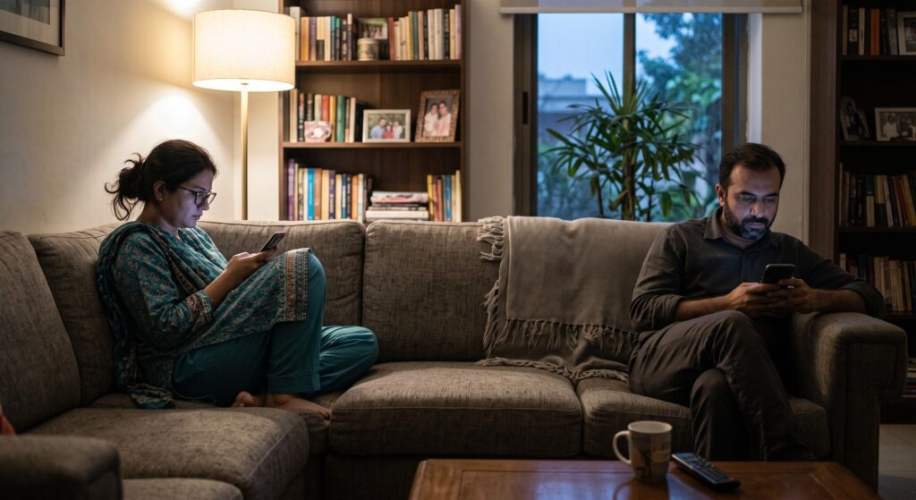 Couple sitting distant on a sofa representing the meaning of silent divorce